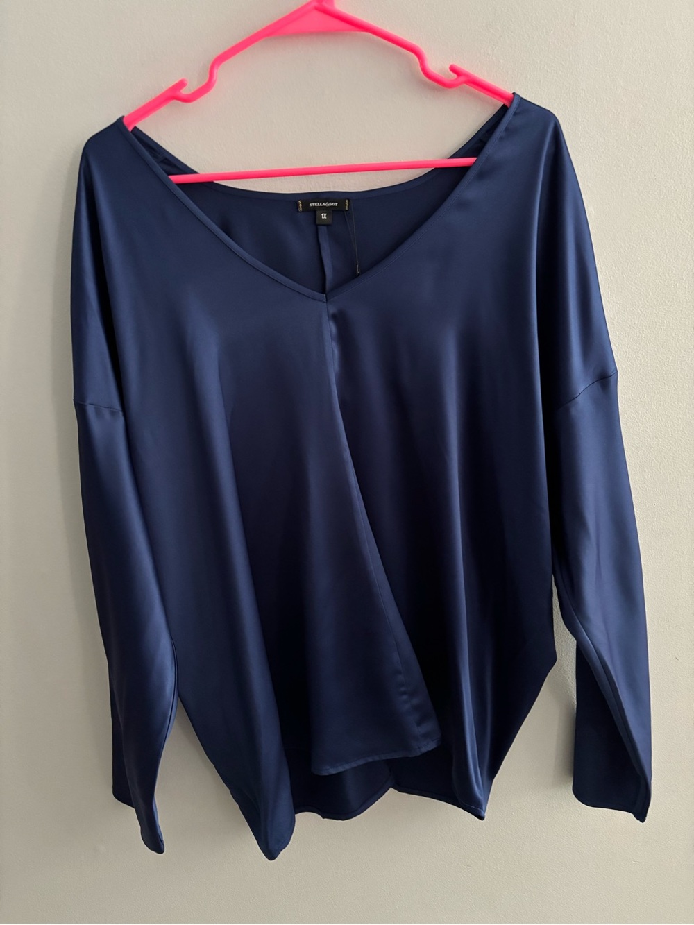 Stella & Dot Gala Long Sleeve Blouse Navy Blue Satin V-Neck NWT Plus Size 1X
